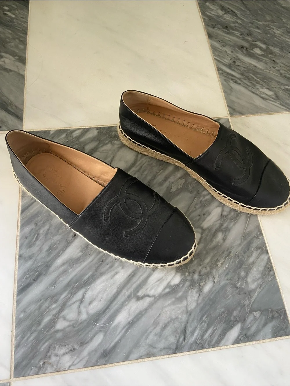 CHANEL Black Leather Espadrille Flats with Interlocking CC